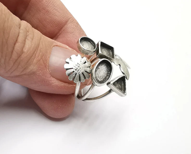 Flower Butterfly Silver Ring Blank Base Bezel Settings Cabochon Mountings Adjustable , Antique Silver Brass (8x6mm and 6 blanks) G27211