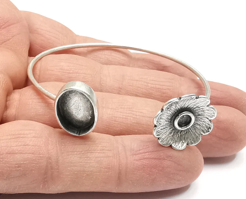 Flower Bracelet Cuff Blank Bezel Glass Cabochon Base Adjustable Antique Silver Plated Brass (14x10mm and 4mm ) G27214