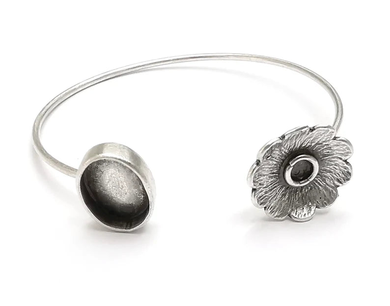 Flower Bracelet Cuff Blank Bezel Glass Cabochon Base Adjustable Antique Silver Plated Brass (14x10mm and 4mm ) G27214