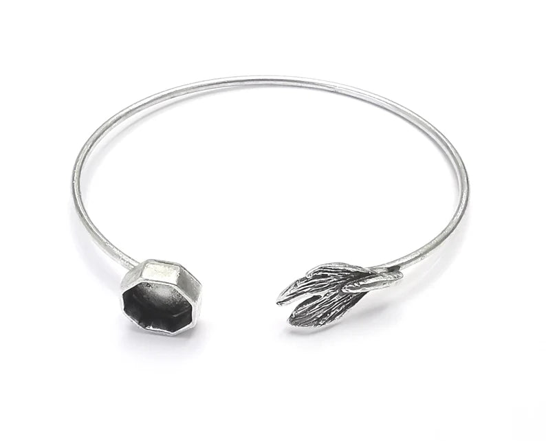 Leaf Bracelet Cuff Blank Bezel Glass Cabochon Base Adjustable Antique Silver Plated Brass (8mm) G27215