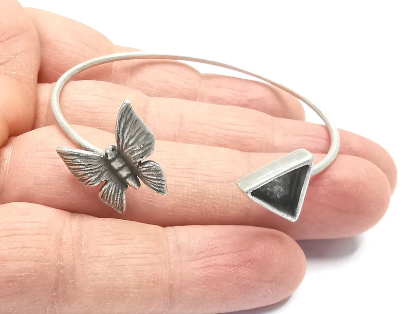 Silver Butterfly Triangle Bracelet Blanks Resin Cuff Dry Bezel Cabochon Base Adjustable Antique Silver Plated Brass (10mm Blank) G27216