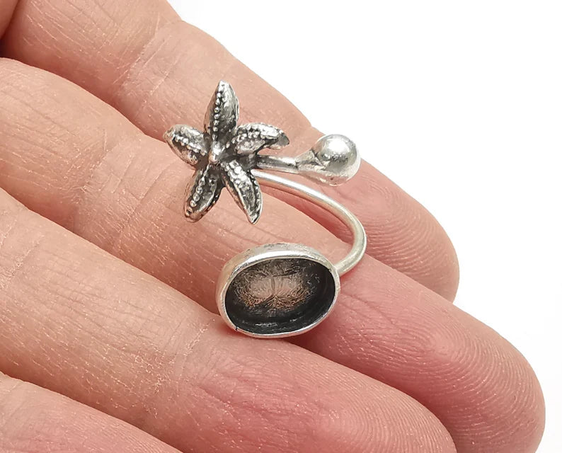 Starfish Oval Blank Ball Head Silver Ring Setting Cabochon Mounting Adjustable Ring Base Bezel Antique Silver Plated Brass (11x8mm) G27217