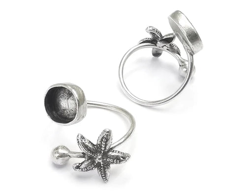 Starfish Oval Blank Ball Head Silver Ring Setting Cabochon Mounting Adjustable Ring Base Bezel Antique Silver Plated Brass (11x8mm) G27217