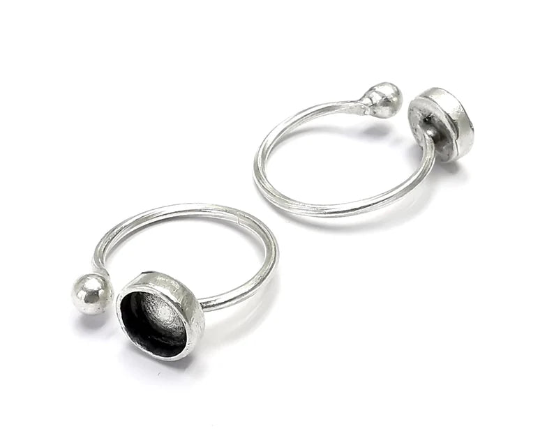 Ball Head Round Blank Silver Ring Setting Cabochon Mounting Adjustable Ring Base Bezel Antique Silver Plated Brass (8mm Blank) G27218