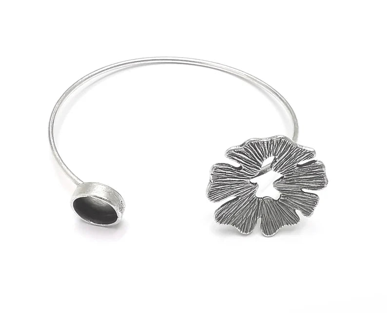 Silver Flower Bracelet Blank Cuff Bezel Cabochon Base Resin Mountings Adjustable Antique Silver Plated Brass ( 10mm Blank ) G26891