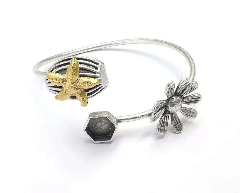 Starfish Flower Bracelet Brass Cuff Blank Bezel Glass Cabochon Base Adjustable Antique Silver and Gold Plated Brass (8 mm blank ) G27221