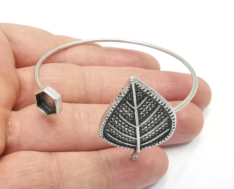 Leaf Bracelet Brass Cuff Blank Bezel Glass Cabochon Base Adjustable Antique Silver Plated Brass (8mm Hexagonal Blank ) G27222
