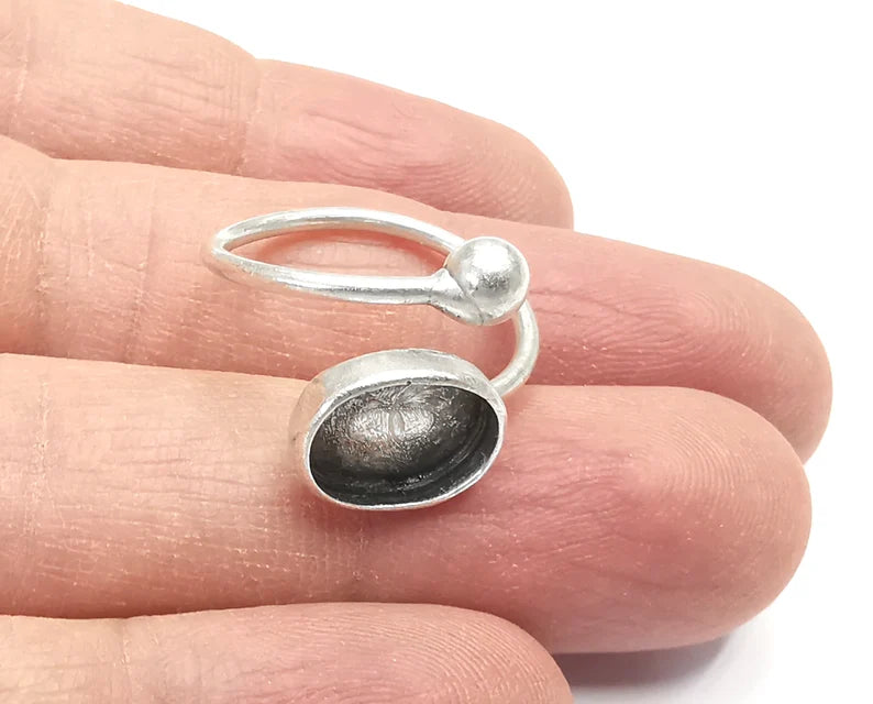 Ring Blanks Silver Ball Head Oval Ring Setting Cabochon Mounting Adjustable Ring Base Bezel Antique Silver Plated Brass(11x8mm Blank)G26955