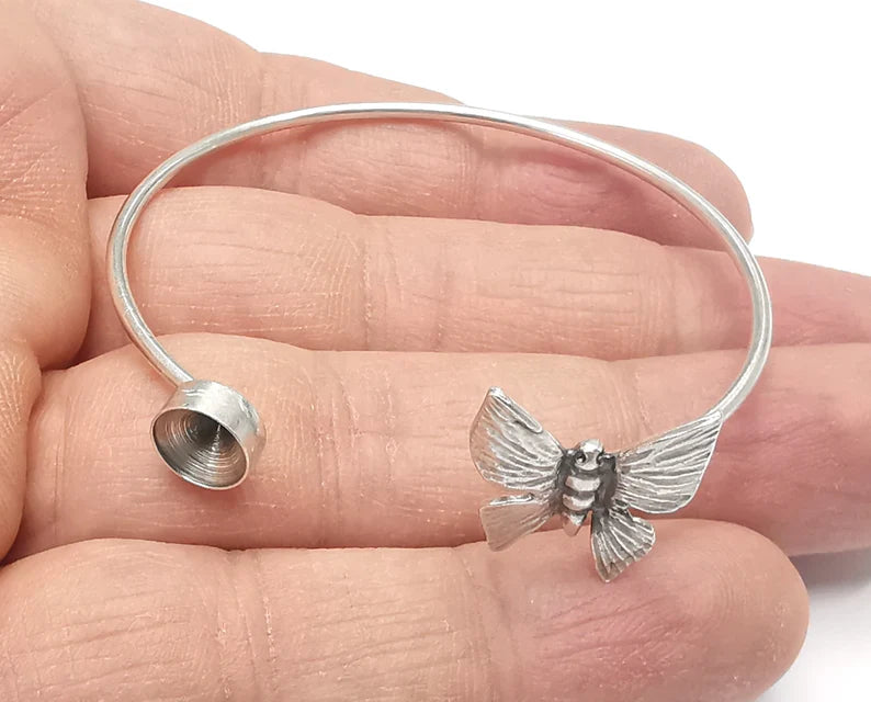 Silver Butterfly Bracelet Blanks Resin Cuff Dry Bezel Cabochon Base Adjustable Antique Silver Plated Brass (8mm Blanks) G27088