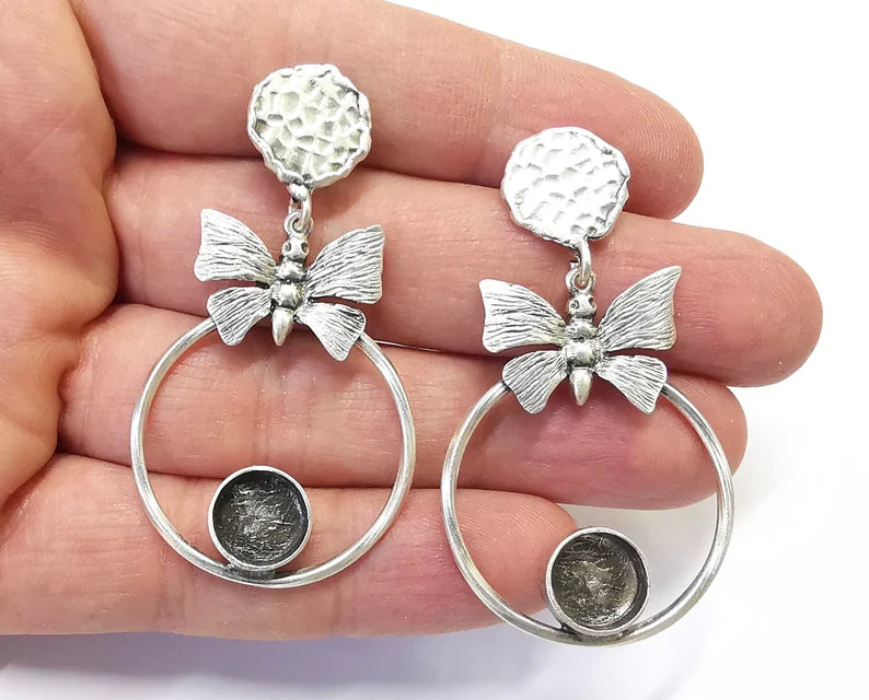 Butterfly Hoop Silver Dangle Earring Set Base Wire Antique Silver Plated Brass Earring Base (58x33mm) G27090