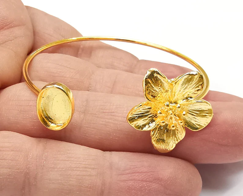 Flower Oval Bracelet Base Blanks Cuff Blanks Adjustable Bracelet Shiny Gold Plated Brass (11x8mm Blank) G27095