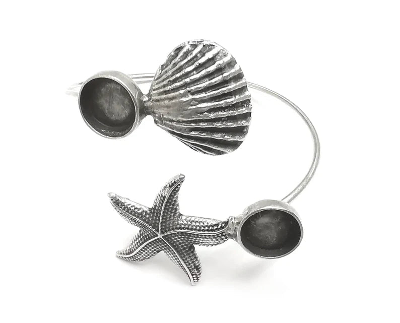 Scallop Starfish Silver Bracelet Brass Cuff Blank Bezel Glass Cabochon Base Adjustable Antique Silver Brass (12 mm blank) G27096