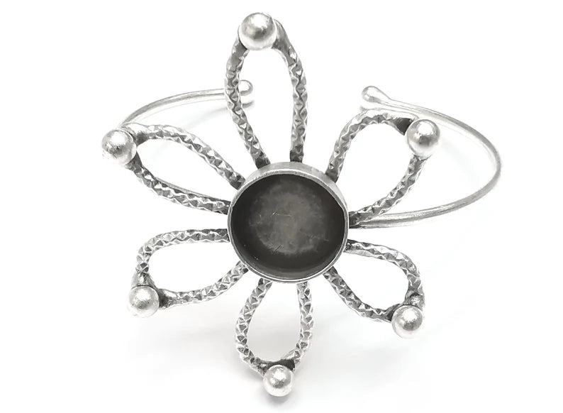 Flower Bracelet Brass Cuff Blank Bezel Glass Cabochon Base Adjustable Antique Silver Plated Brass (14mm blank) G27097
