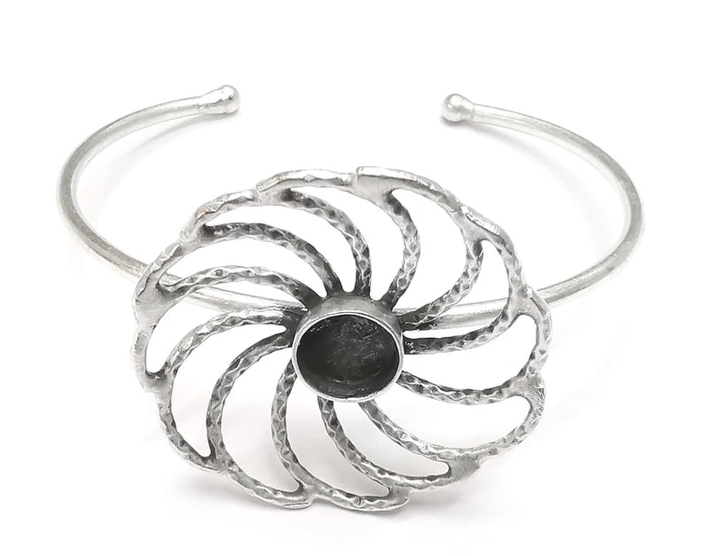Flower Bracelet Brass Cuff Blank Bezel Glass Cabochon Base Adjustable Antique Silver Plated Brass (10mm blank) G27099