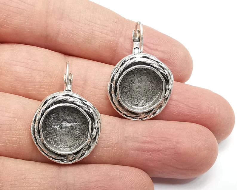 Ethnic Circle Earring Blank Base Settings Silver Resin Cabochon Inlay Blank Mountings Antique Silver Plated Brass (13mm blank) 1 Set G27103