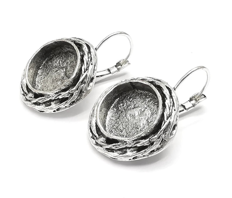 Ethnic Circle Earring Blank Base Settings Silver Resin Cabochon Inlay Blank Mountings Antique Silver Plated Brass (13mm blank) 1 Set G27103