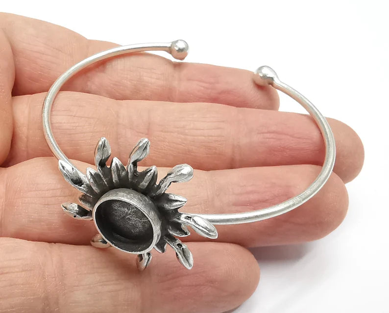 Sun Silver Bracelet Blank Resin Cuff Dry Bezel Cabochon Base Adjustable Antique Silver Plated Brass (12mm Blanks) G27104
