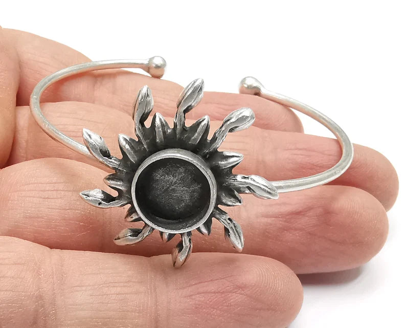 Sun Silver Bracelet Blank Resin Cuff Dry Bezel Cabochon Base Adjustable Antique Silver Plated Brass (12mm Blanks) G27104