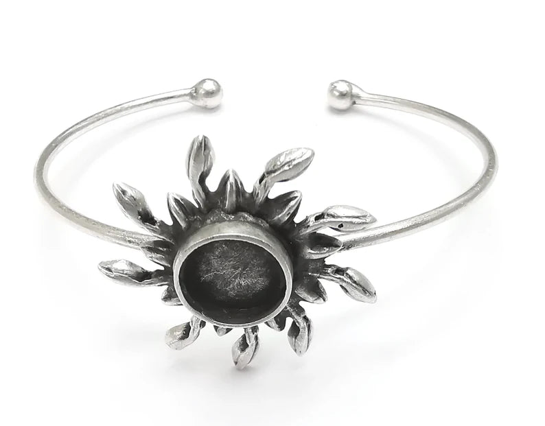 Sun Silver Bracelet Blank Resin Cuff Dry Bezel Cabochon Base Adjustable Antique Silver Plated Brass (12mm Blanks) G27104