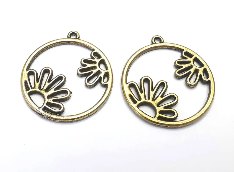 2 Flower Charms Antique Bronze Plated Charms (30mm) G27237