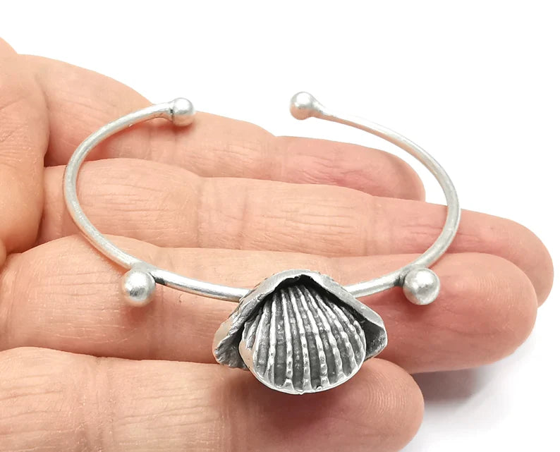 Scallop Sea Shell Silver Bracelet Brass Cuff Blank Bezel Glass Cabochon Base Adjustable Antique Silver Brass (10mm blank) G27110