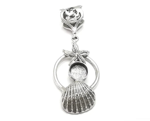 Starfish Scallop Sea Shell Pendant Base with Loop Setting Bezel Blank Antique Silver Plated Brass Pendant (56x22 mm)(8mm blank) G27111
