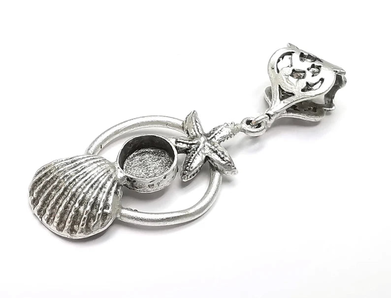 Starfish Scallop Sea Shell Pendant Base with Loop Setting Bezel Blank Antique Silver Plated Brass Pendant (56x22 mm)(8mm blank) G27111