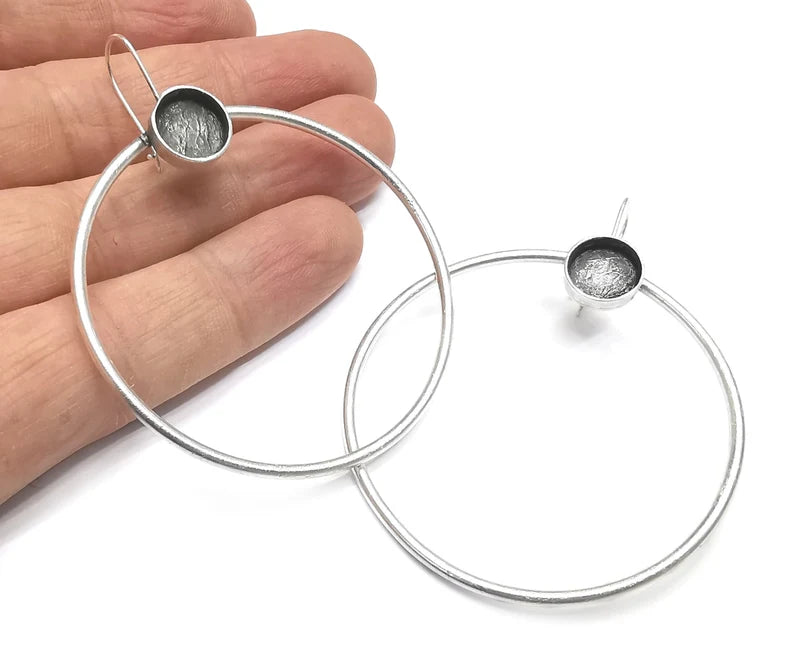 Hoop Kidney Wire Round Earring Blank Base Settings Silver Resin Cabochon Inlay Mountings Antique Silver Brass (10mm blanks) 1 Set G27112