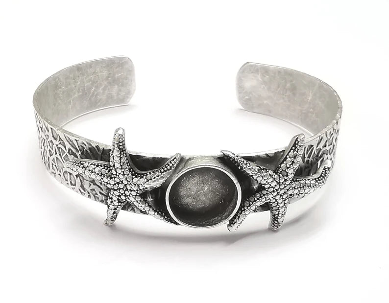 Starfish Silver Bracelet Brass Cuff Blank Bezel Glass Cabochon Base Adjustable Antique Silver Plated Brass (12mm blank) G27113