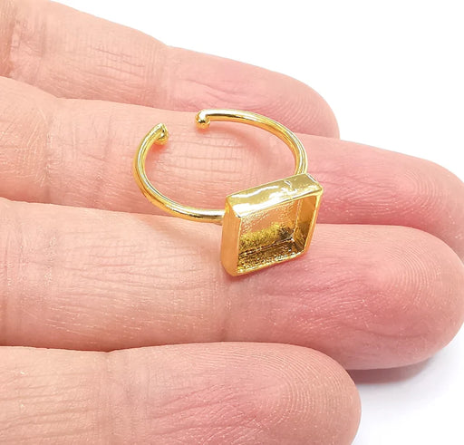 Shiny Gold Square Ring Bezels Ring Settings Resin Ring Backs Cabochon Mounting Gold Plated Brass Adjustable Ring Base (8mm blank) G27116