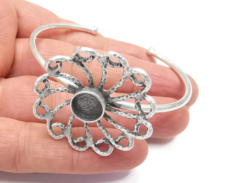 Flower Silver Bracelet Blank Resin Cuff Dry Bezel Cabochon Base Adjustable Antique Silver Plated Brass (10mm Blank) G27120