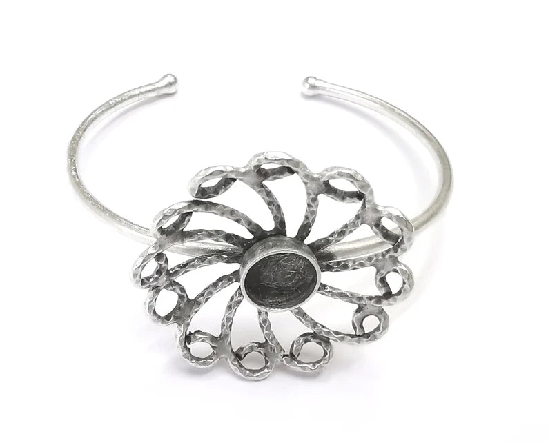 Flower Silver Bracelet Blank Resin Cuff Dry Bezel Cabochon Base Adjustable Antique Silver Plated Brass (10mm Blank) G27120