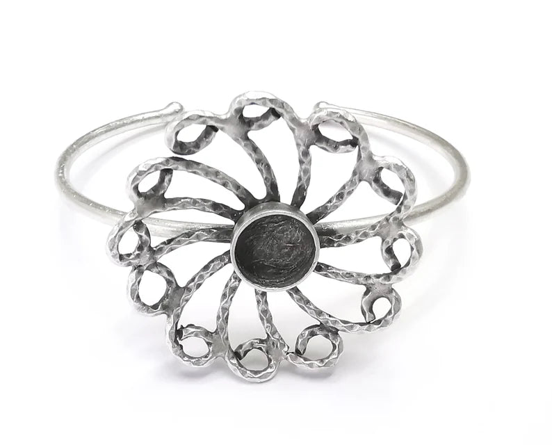 Flower Silver Bracelet Blank Resin Cuff Dry Bezel Cabochon Base Adjustable Antique Silver Plated Brass (10mm Blank) G27120