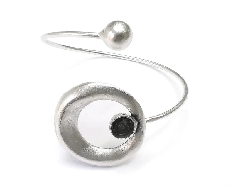 Circle Silver Bracelet Blank Resin Cuff Dry Bezel Cabochon Base Adjustable Antique Silver Plated Brass (8mm Blank) G27121