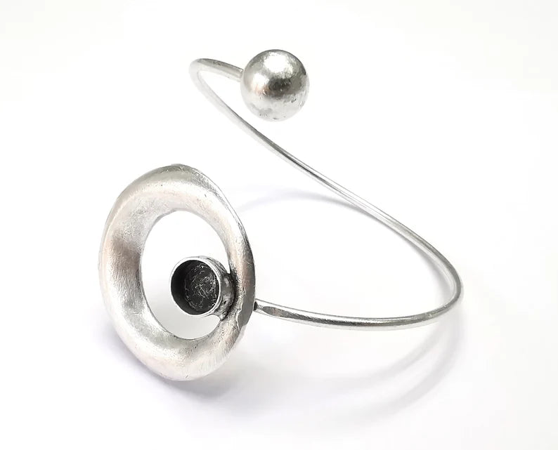 Circle Silver Bracelet Blank Resin Cuff Dry Bezel Cabochon Base Adjustable Antique Silver Plated Brass (8mm Blank) G27121
