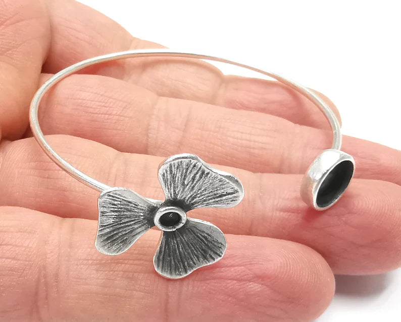 Silver Flower Bracelet Blank Cuff Bezel Cabochon Base Resin Mountings Adjustable Antique Silver Plated Brass (8and 3mm Blank ) G27123