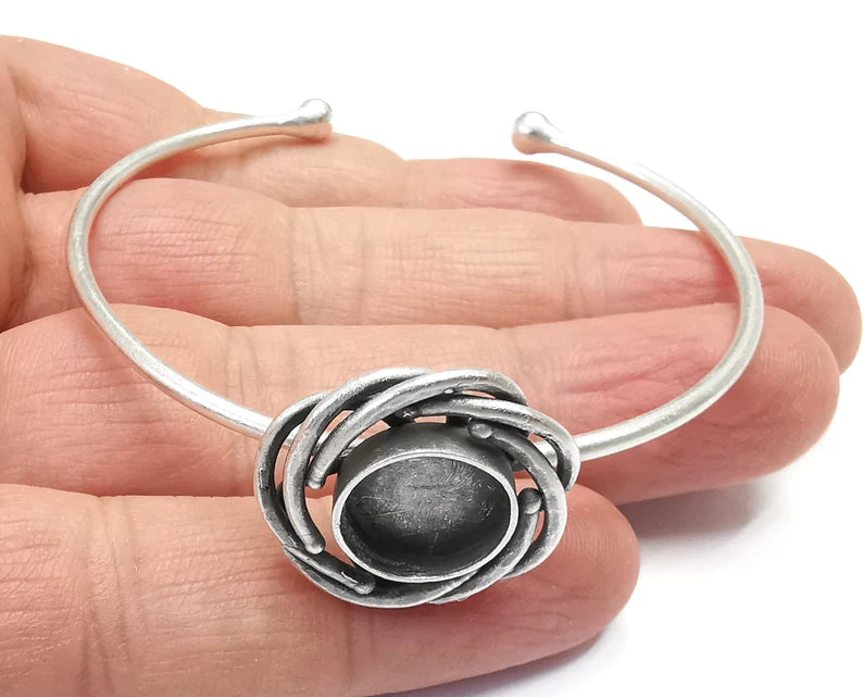 Silver Spirals Bracelet Blank Cuff Bezel Cabochon Base Resin Mountings Adjustable Antique Silver Plated Brass (12mm Blank ) G27124