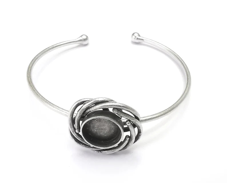 Silver Spirals Bracelet Blank Cuff Bezel Cabochon Base Resin Mountings Adjustable Antique Silver Plated Brass (12mm Blank ) G27124