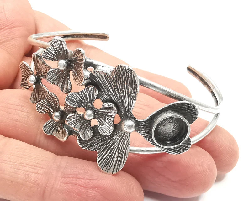 Flower Silver Bracelet Blank Resin Cuff Dry Bezel Cabochon Base Adjustable Antique Silver Plated Brass (8mm Blank) G27125