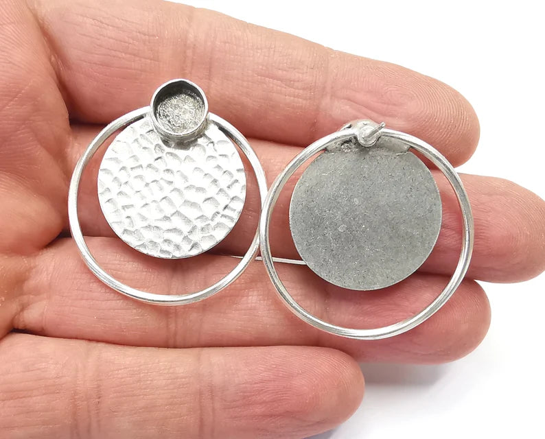 Disc Hammered Hoop Silver Earring Set Base Wire Antique Silver Plated Brass Earring Base (35x34mm) G27126