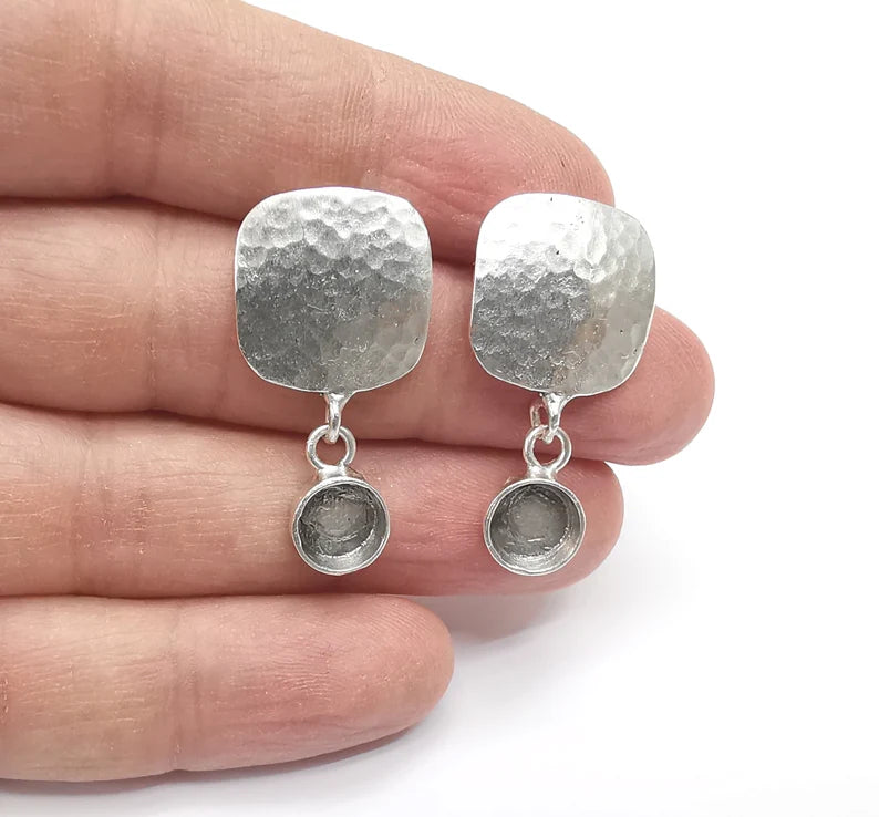 Hammered Square Silver Dangle Earring Set Base Wire Antique Silver Plated Brass Earring Base (34x18mm)( 8 mm blanks) G27129