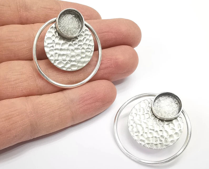 Disc Hammered Round Silver Earring Set Base Wire Antique Silver Plated Brass Earring Base (36x34mm) G27254