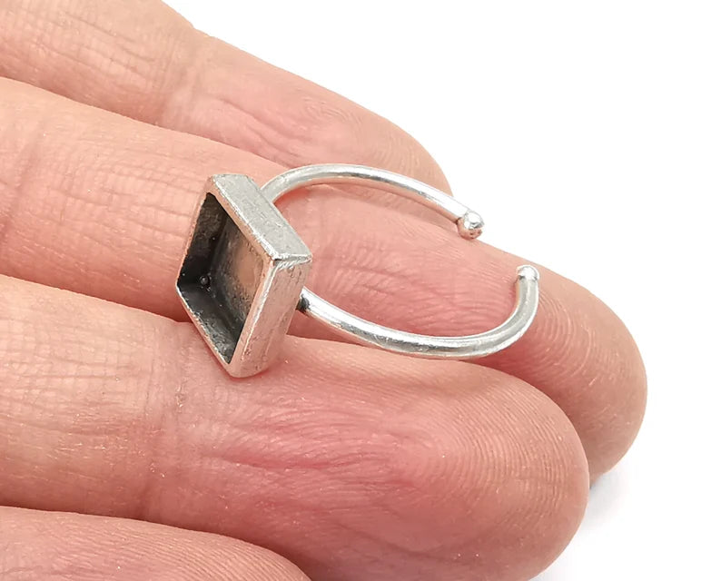 Square Silver Ring Setting Blank Cabochon Mounting Adjustable Ring Base Bezel Antique Silver Plated Brass (8mm Blank) G27136
