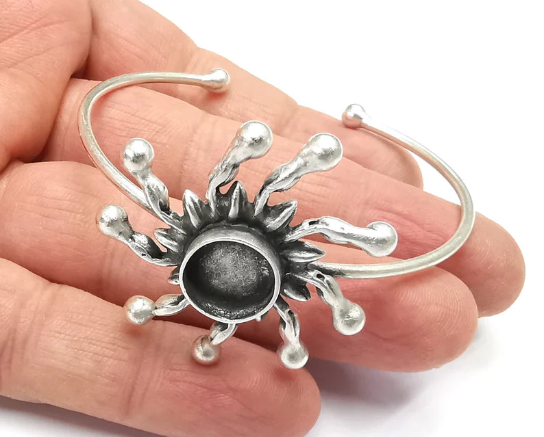 Sun Silver Bracelet Blank Resin Cuff Dry Bezel Cabochon Base Adjustable Antique Silver Plated Brass (12mm Blanks) G27138