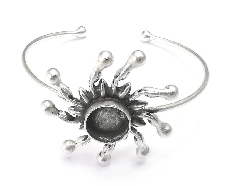 Sun Silver Bracelet Blank Resin Cuff Dry Bezel Cabochon Base Adjustable Antique Silver Plated Brass (12mm Blanks) G27138