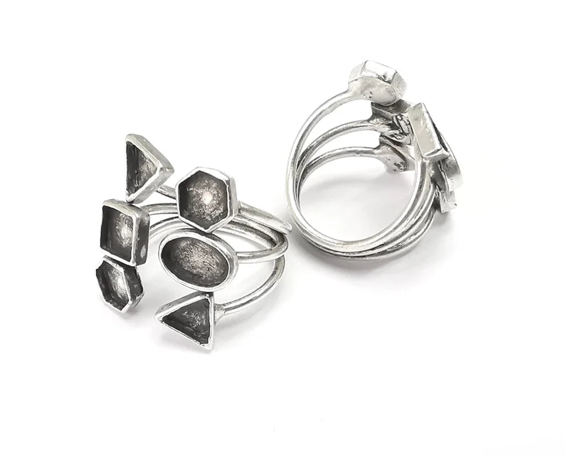 Geometric silver ring setting blank cabochon mounting Adjustable ring base bezel Antique Silver Plated Brass (8 and 6 mm blanks) G26123