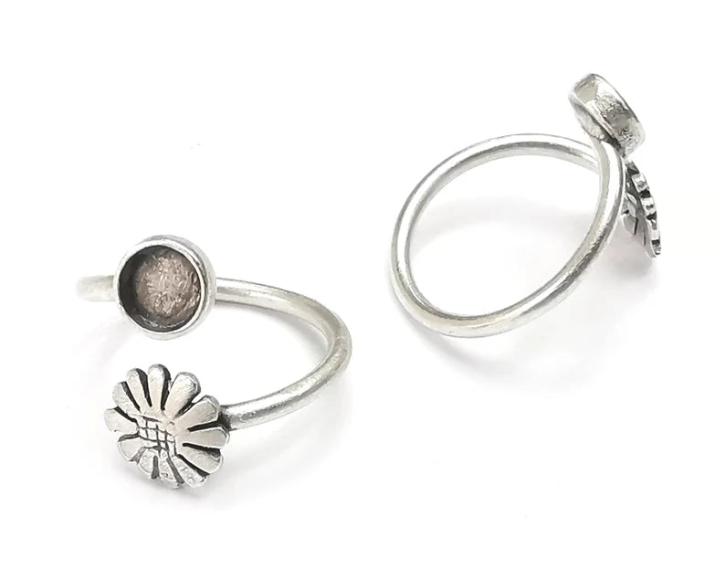 Flower Wrap Ring Blanks Ring Setting Cabochon Mounting Adjustable Ring Base Bezel Antique Silver Plated Brass (6mm Blanks) G27259