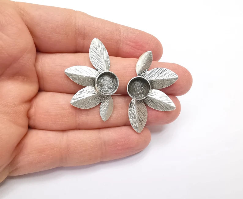 Leafs Silver Earring Set Base Wire Antique Silver Plated Brass Earring Base (10mm blank) G27143
