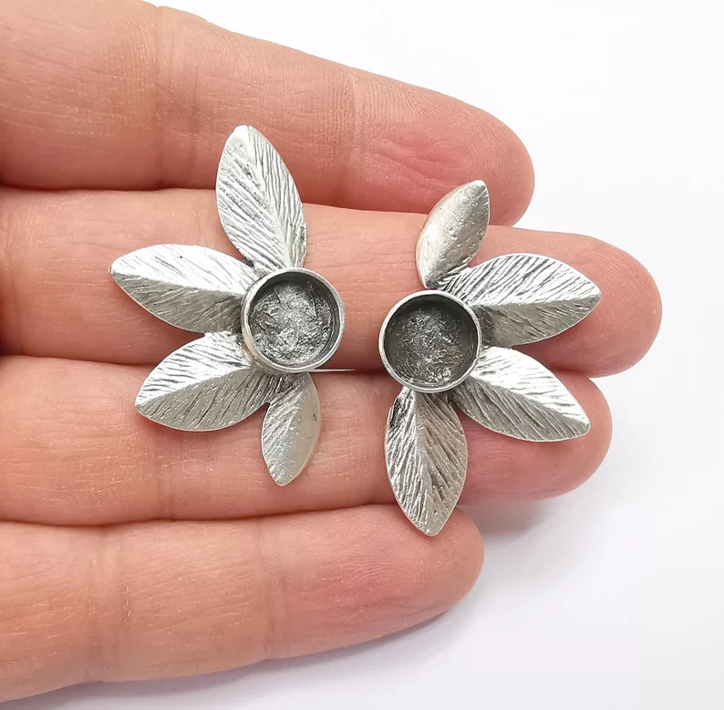 Leafs Silver Earring Set Base Wire Antique Silver Plated Brass Earring Base (10mm blank) G27143