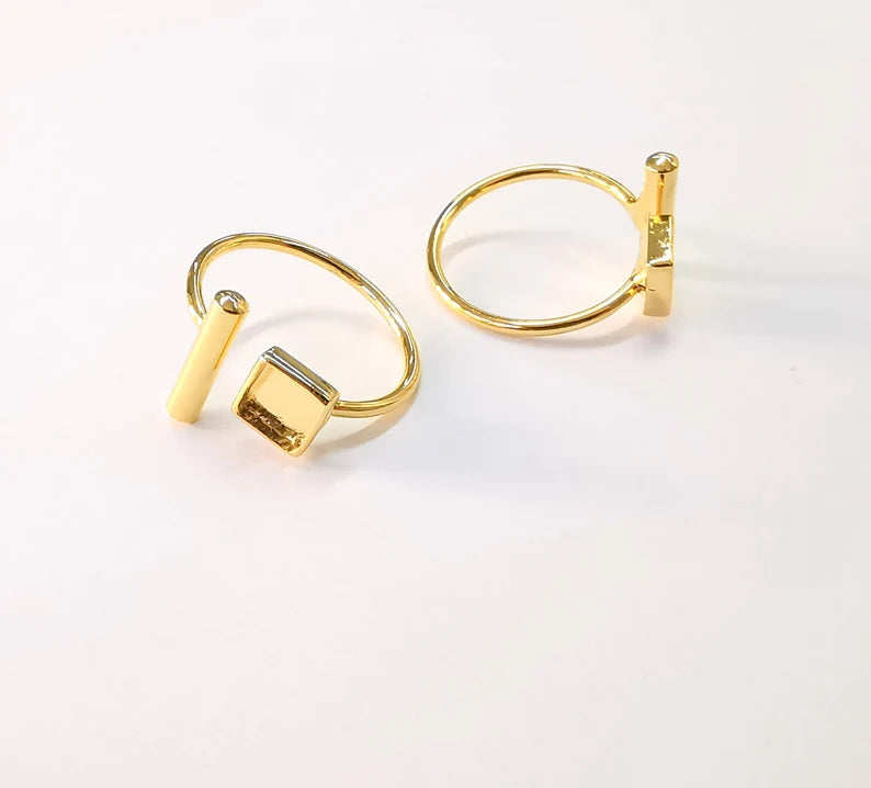 Square Rod Ring Bezels Ring Settings Resin Backs Cabochon Mounting Shiny Gold Plated Brass Adjustable Ring Base (6mm blank) G27145
